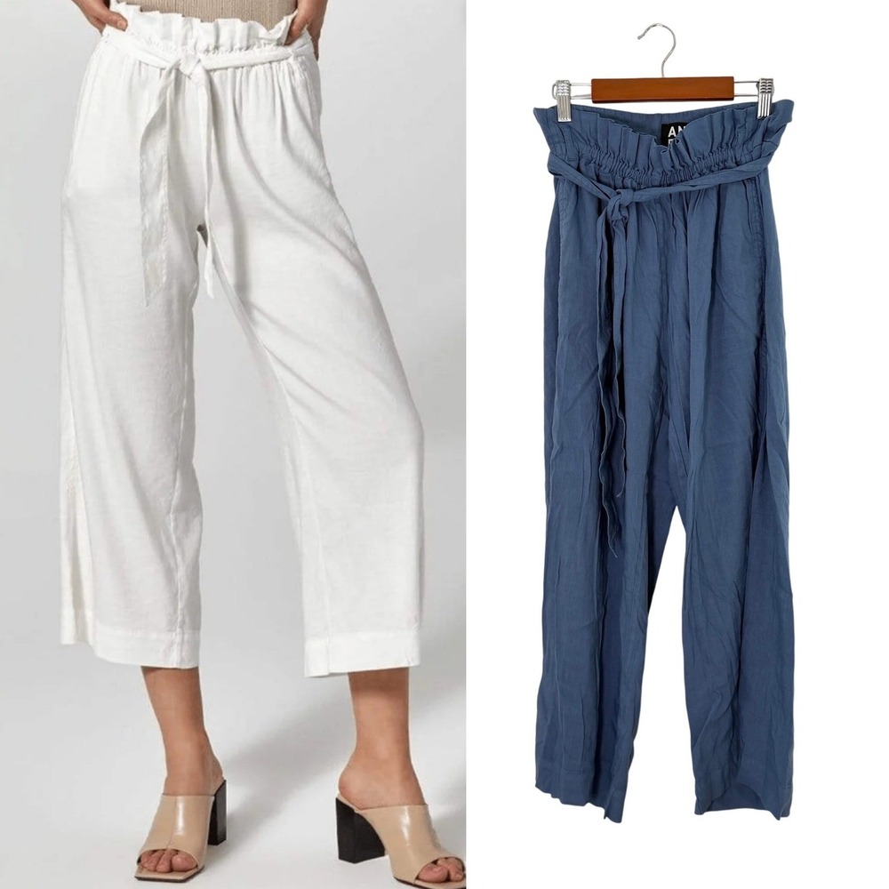 Alp N Rock ANR+ Sidney Cropped Pant‎ Blue Paperbag Waist Linen Wide Leg M